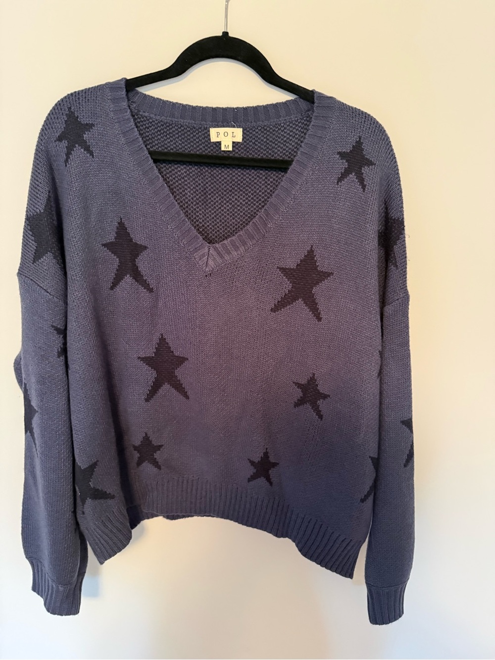 POL Slate Blue V-Neck Star Knit Sweater